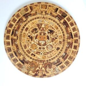 Rare wood mosaic handcrafted Mayan intricate art ethnic aztec look very unique